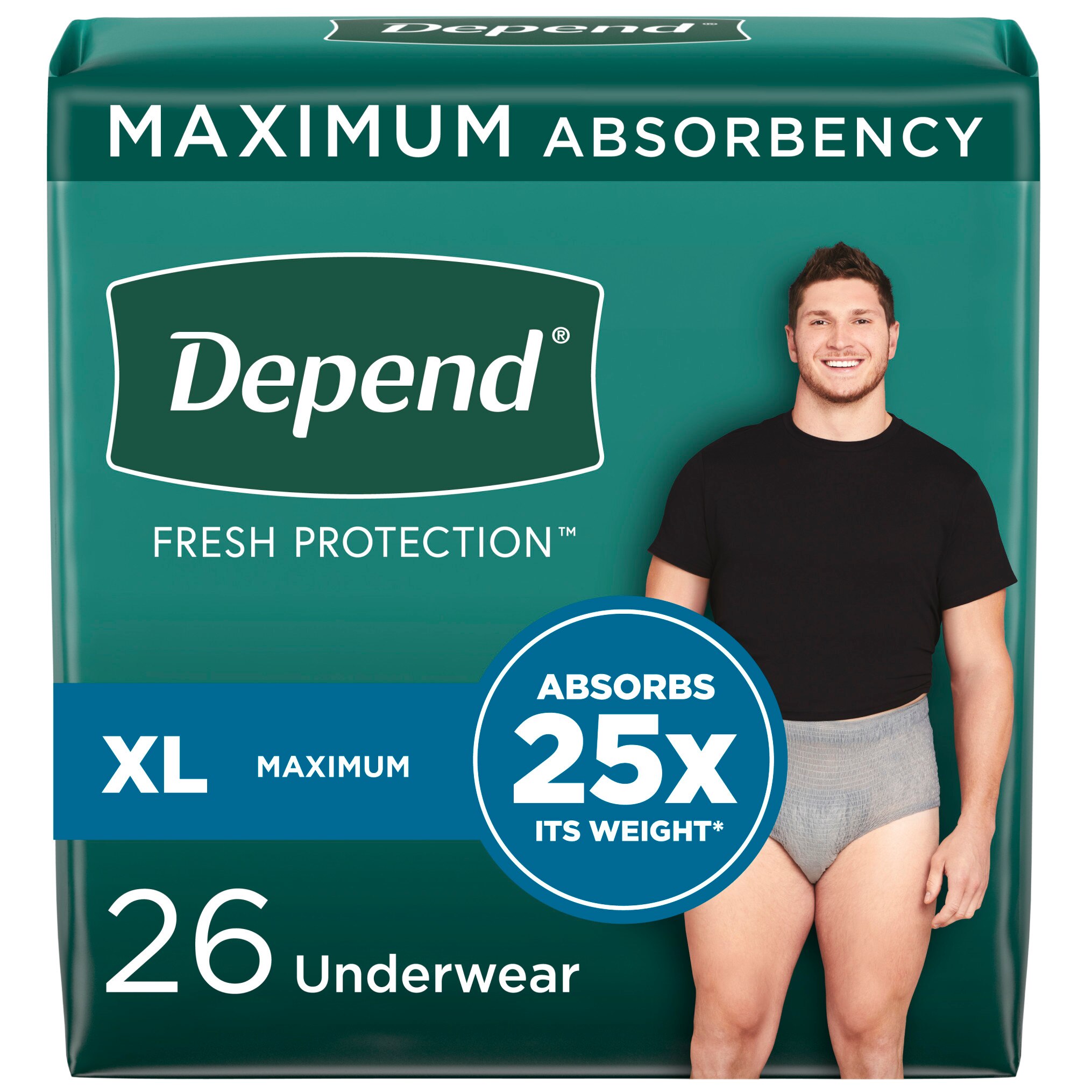 Depend FIT-FLEX Incontinence Underwear for Men, Maximum Absorbency, XL, Grey, 26 Count