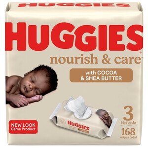 Toallitas Huggies Nourish & Care Baby, cuidado para pieles sensibles, con fragancia, 3 paquetes con tapa abatible, 56 unidades (168 toallitas en total)