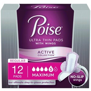 Poise Active Collection - Toallitas para la incontinencia con alas, Maximum Absorbency, 12 u.