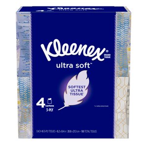  Kleenex Ultra Soft Facial Tissues, 4 Cube Boxes, 45 CT (180 Tissues Total) 