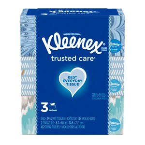 Kleenex Trusted Care Everyday Rectangular Box Facial Tissues, 3 Boxes, 432 Tissues Total