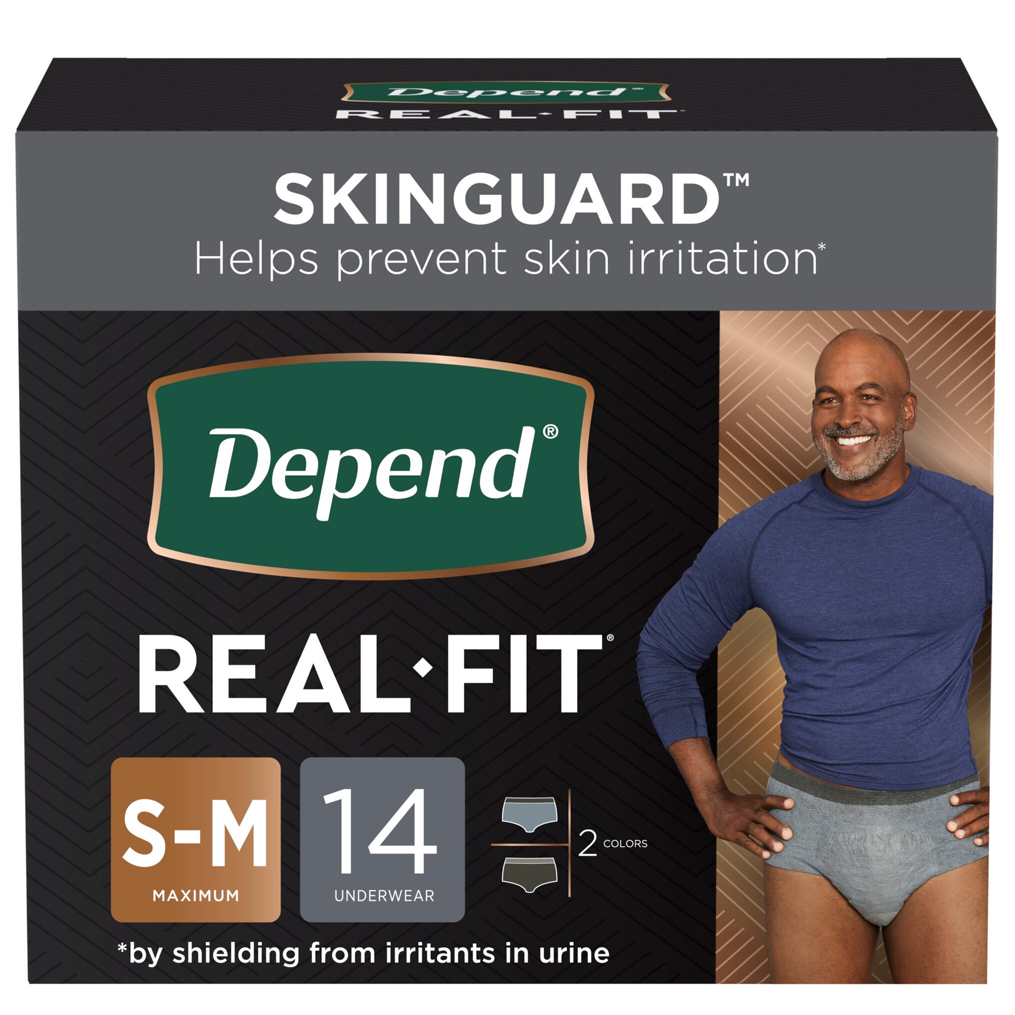 Depend Real Fit - Ropa interior masculina para la incontinencia, Maximum Absorbency, S/M, negro y gris, 14 u.