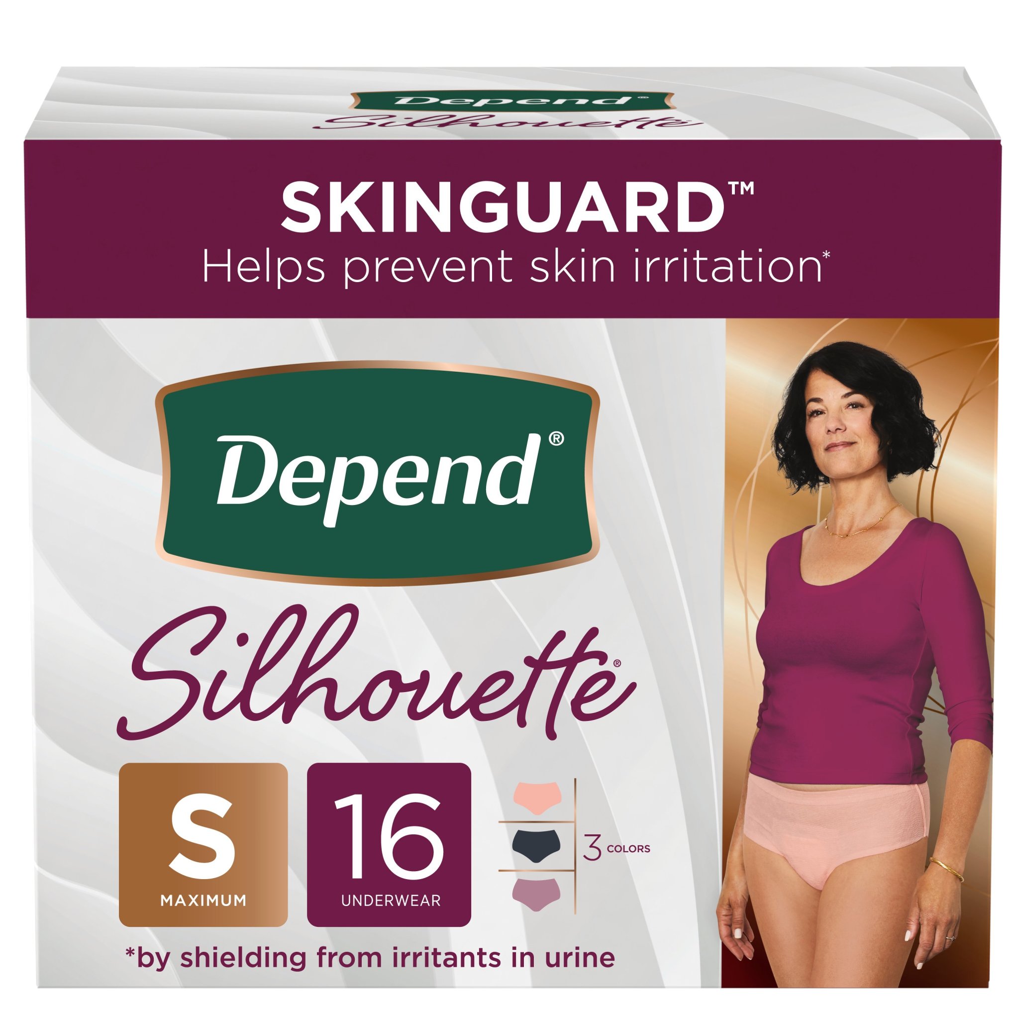 Depend Silhouette Adult Incontinence Underwear for Women, Maximum Absorbency, S, Pink & Black, 16 CT