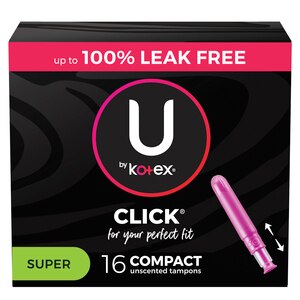  U by Kotex Click Super Tampons, Compact Plastic Applicator, Unscented, 18CT 