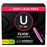 U by Kotex Click Compact Tampons, Multipack, Regular/Super Absorbency, Unscented, 45 Count, thumbnail image 1 of 8