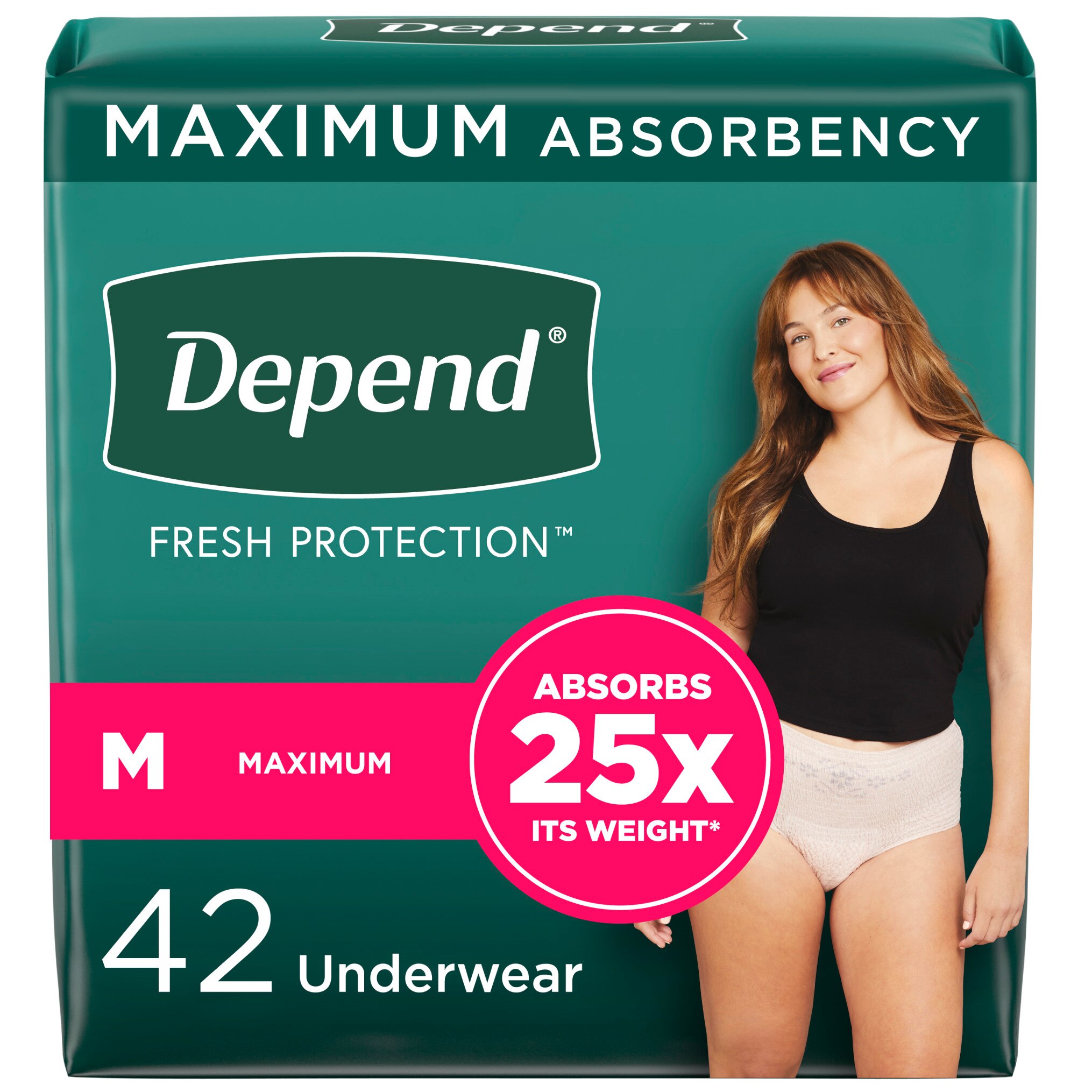 Depend FIT-FLEX - Ropa interior femenina para la incontinencia, Maximum Absorbency, M, Blush, 42 u.