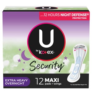 U by Kotex Security Maxi Feminine Pads with Wings, Extra Heavy Overnight Absorbency, Unscented, 12 CT