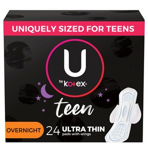 U By Kotex Ultra Thin Teen Pads With Wings, Overnight Protection, Unscented, 24 Count - 24 Ct , CVS