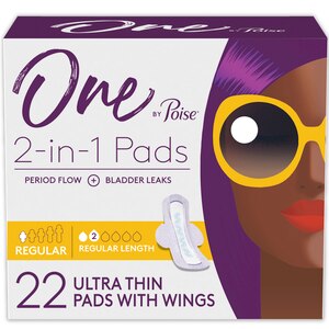  One by Poise Feminine Pads with Wings, 2-in-1 Period & Bladder Leakage Pad for Women 