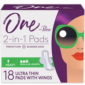 One By Poise Feminine Pads With Wings (2-in-1 Period & Bladder Leakage Pad For Women), Heavy Absorbency, 18 Count - 18 Ct , CVS