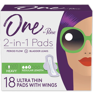 One by Poise Feminine Pads with Wings 2-in-1 Period & Bladder Leakage Pad for Women, Heavy