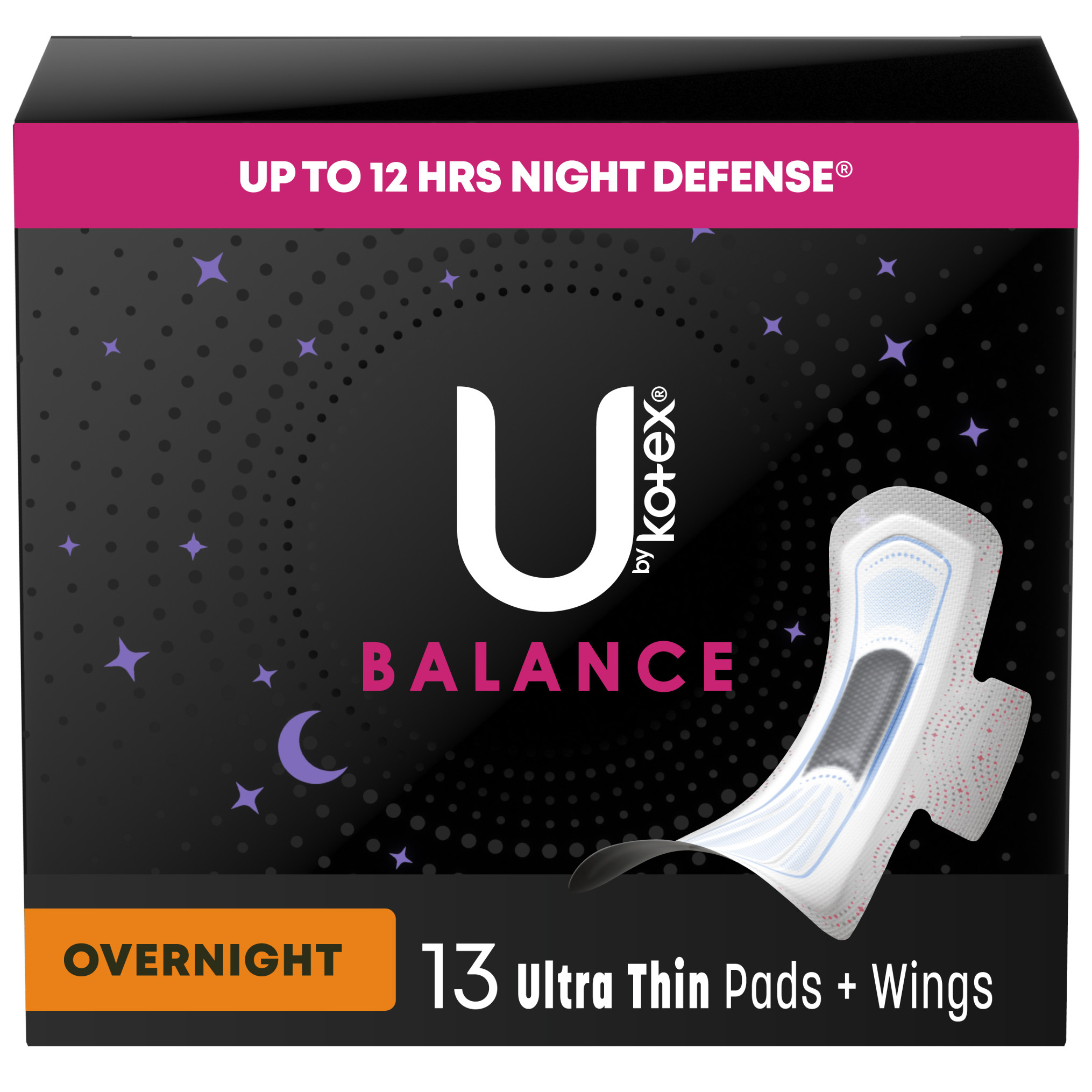 U by Kotex AllNighter Ultra Thin Pads with Wings, Unscented, Overnight, 26 Count