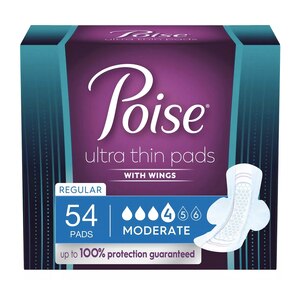 Poise Ultra Thin Incontinence Pads for Women, with Wings, Postpartum Pads for Bladder Leaks, Moderate Absorbency, 54 CT