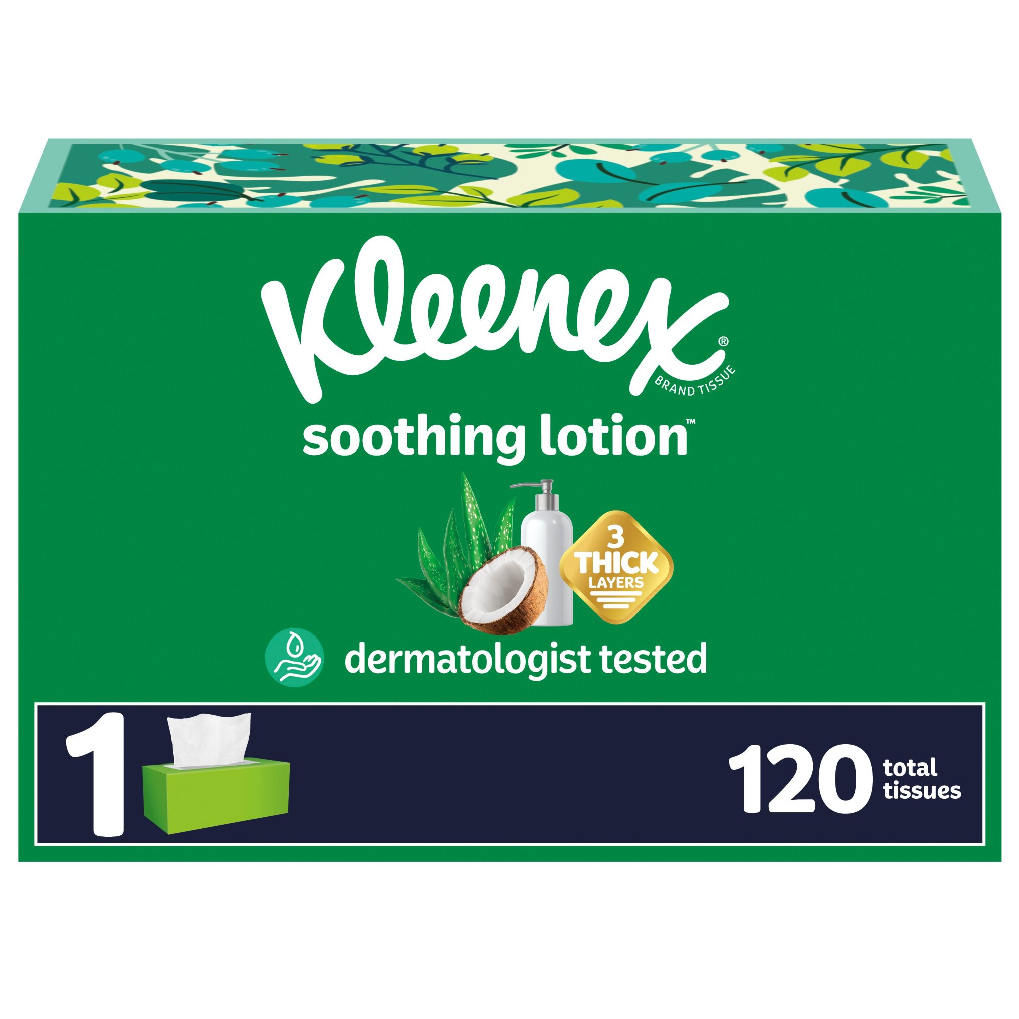 Kleenex Soothing Lotion Facial Tissues with Coconut Oil, Aloe & Vitamin E, 3-Ply, 120 Tissues per Box