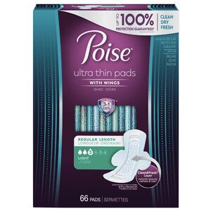Depend Poise Ultra Thin Incontinence Pads For Women With Wings Postpartum Pads For Bladder Leaks, Light Absorbency, 66 Ct , CVS
