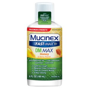 Mucinex Fast-Max DM Max - Jarabe de rápida acción y potencia máxima, sabor Honey & Berry - 6 oz líq.