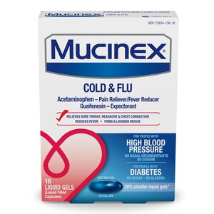 Mucinex HBP Cold & Flu Liquid Gels, For People with High Blood Pressure or Diabetes, 16 CT