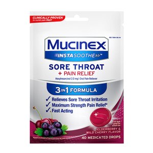 Mucinex InstaSoothe Sore Throat + Pain Relief Drops, Elderberry & Wild Cherry Flavor, 40 CT