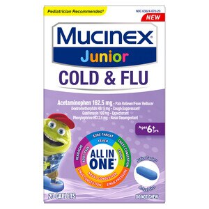 Mucinex Junior Cold & Flu All in One, Multi-Symptom Relief, Pain Reliever, Cough Suppressant, Expectorant, Nasal Decongestant, 20 Caplets