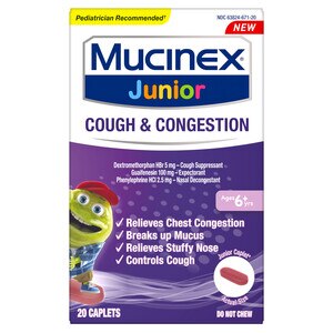 Mucinex Junior Cough & Congestion, Multi-Symptom Relief, Cough Suppressant, Expectorant, Nasal Decongestant, 20 Caplets