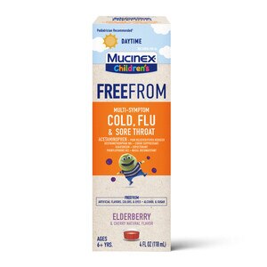 Mucinex Children's Liquid - FreeFrom Multi-Symptom Cold, Flu & Sore Throat Daytime, Elderberry & Cherry Natural Flavor, 4oz