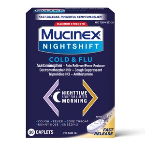 Mucinex Nightshift Cold & Flu Fast Release Caplets, Maximum Strength Powerful Multi-symptom Nighttime Relief, 20 CT
