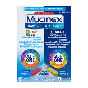 Mucinex Fast-Max Maximum Strength Day Cold & Flu & Nightshift Night Severe Cold & Flu All In One, 20 CT