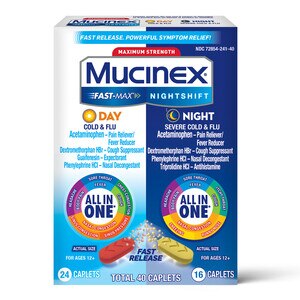 Mucinex Fast-Max Maximum Strength Day Cold & Flu & Nightshift Night Severe Cold & Flu All In One, Fast Release, 40 CT