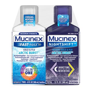 Jarabes Mucinex Fast-Max Cold & Flu y Mucinex Nightshift Severe Cold & Flu, sabor Arctic Burst, frascos de 2-6 oz líq.