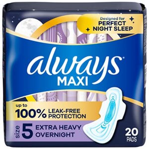 Always Size 5 Maxi Pads with Wings, Unscented, Extra Heavy Overnight, 20 Count