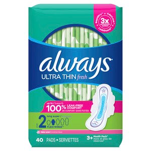 Always Ultra Thin Pads Size 2 Long Absorbency Scented with Wings, 40 CT