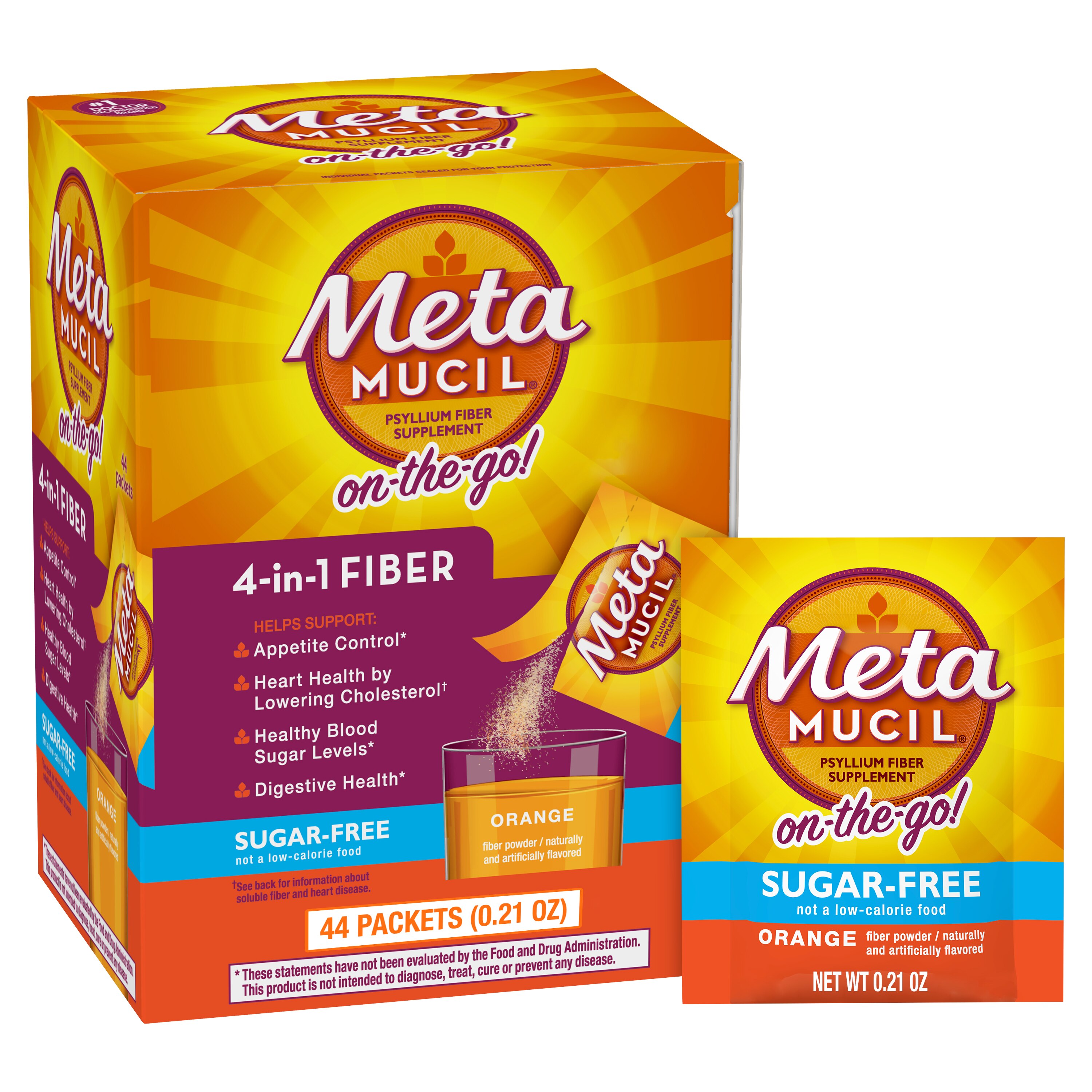 Metamucil Psyllium Fiber Supplement by Meta Orange Smooth Sugar Free Powder, 44/Pack