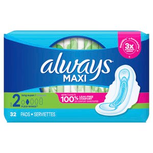 Always Size 2 Long Maxi Pads with Wings, Unscented, Super