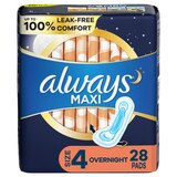 Always Maxi Pads Size 4, Unscented, Overnight, 28 CT, thumbnail image 1 of 9
