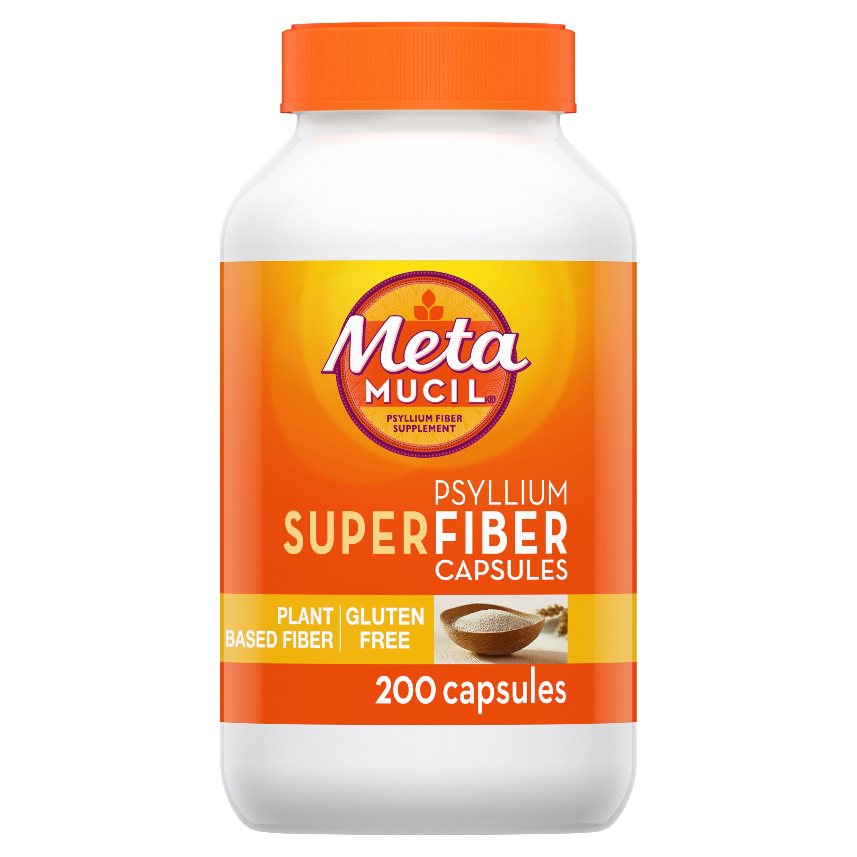 Metamucil SuperFiber Supplement Powder, Gluten Free and Sugar Free, 100% Natural Psyllium Fiber, Capsules, 200 CT
