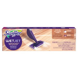 Swiffer WetJet Wood Floor Mopping and Cleaning Starter Kit, All Purpose Floor Cleaning Products, 1 Mop, 10 Pads, Cleaning Solution, Batteries