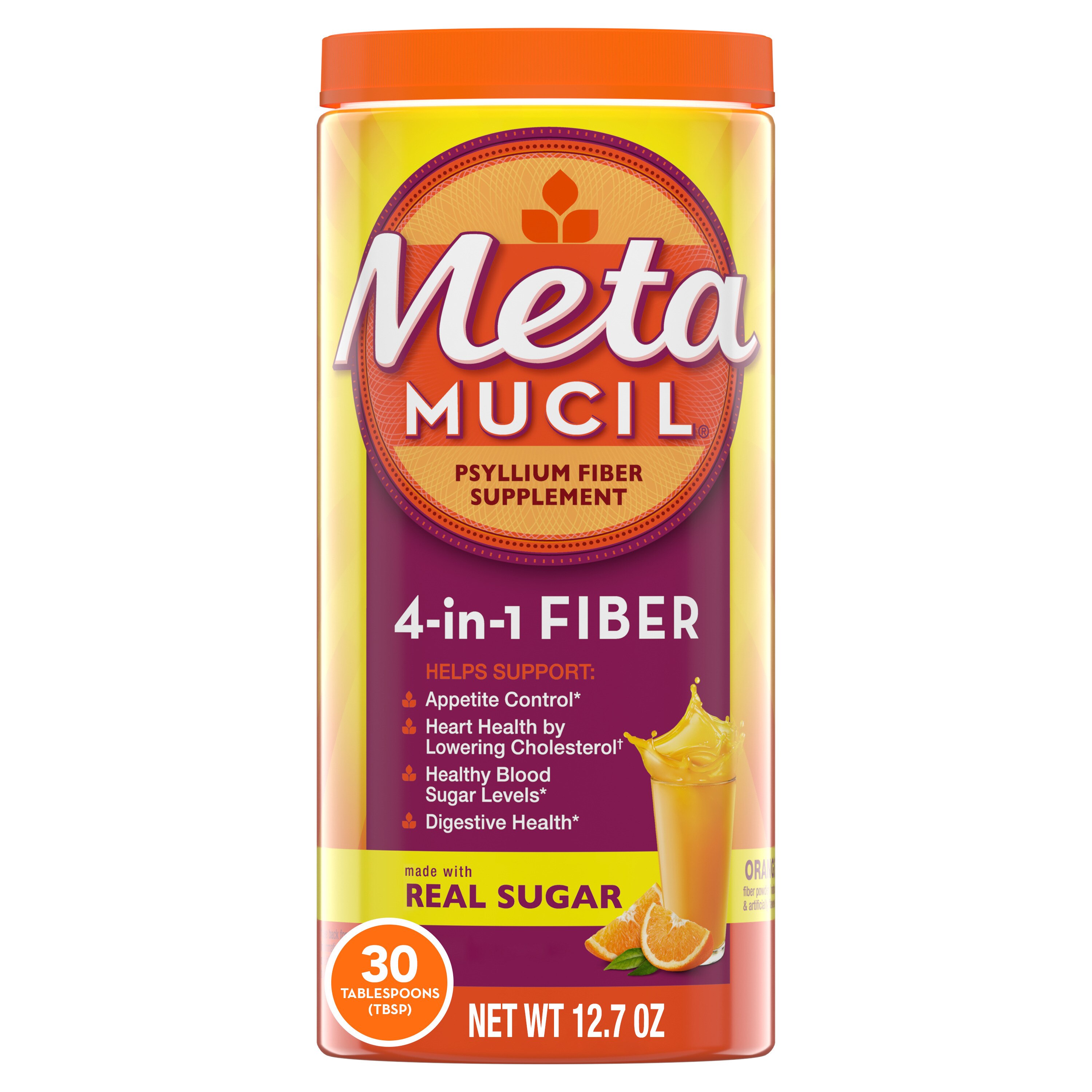 Metamucil, 4-in-1 Psyllium Fiber Supplement Powder With Real Sugar, Orange, 30 Servings - 12.7 Oz , CVS