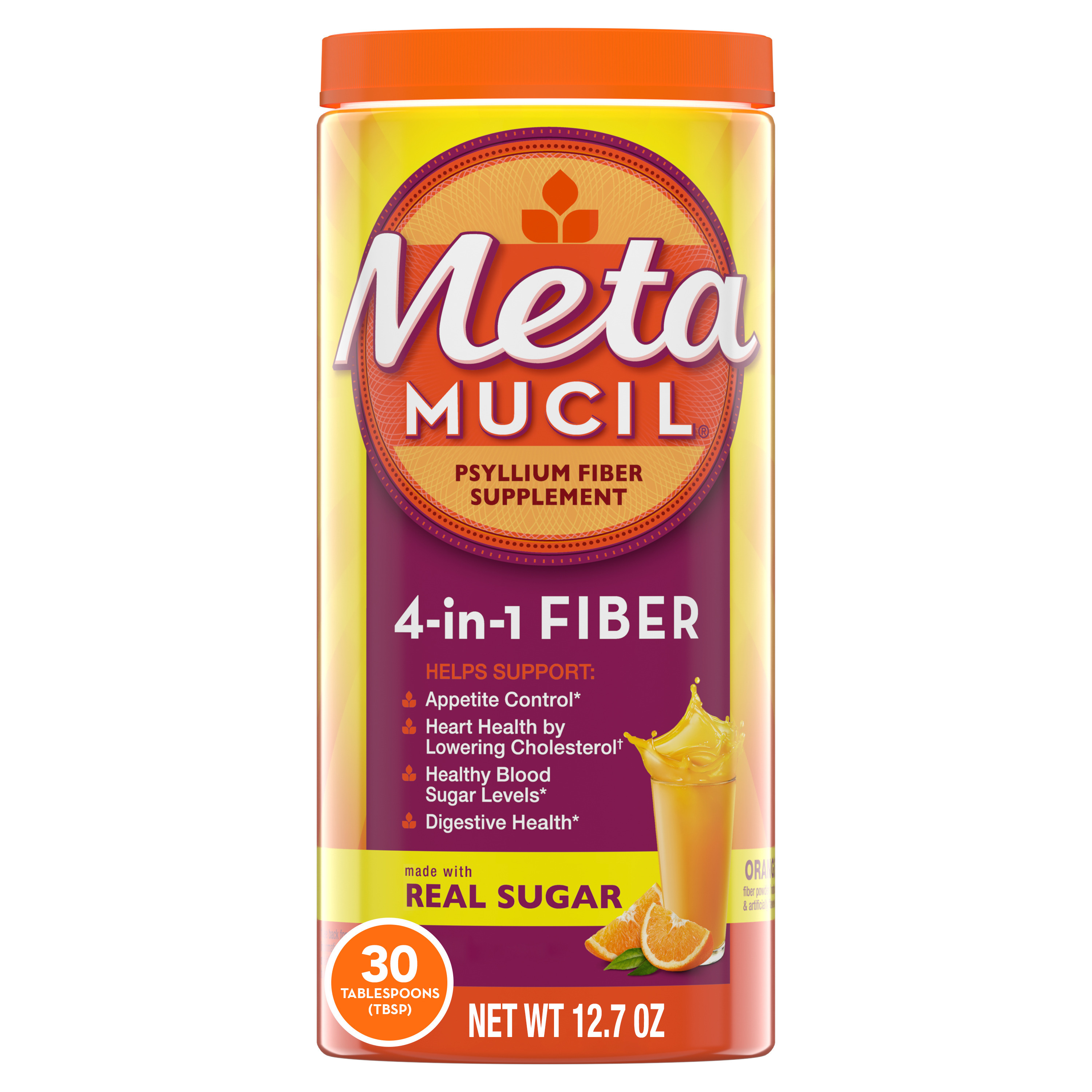 Metamucil, 4 in 1 Psyllium Fiber Supplement Powder with Real Sugar, Orange, 12.7 OZ