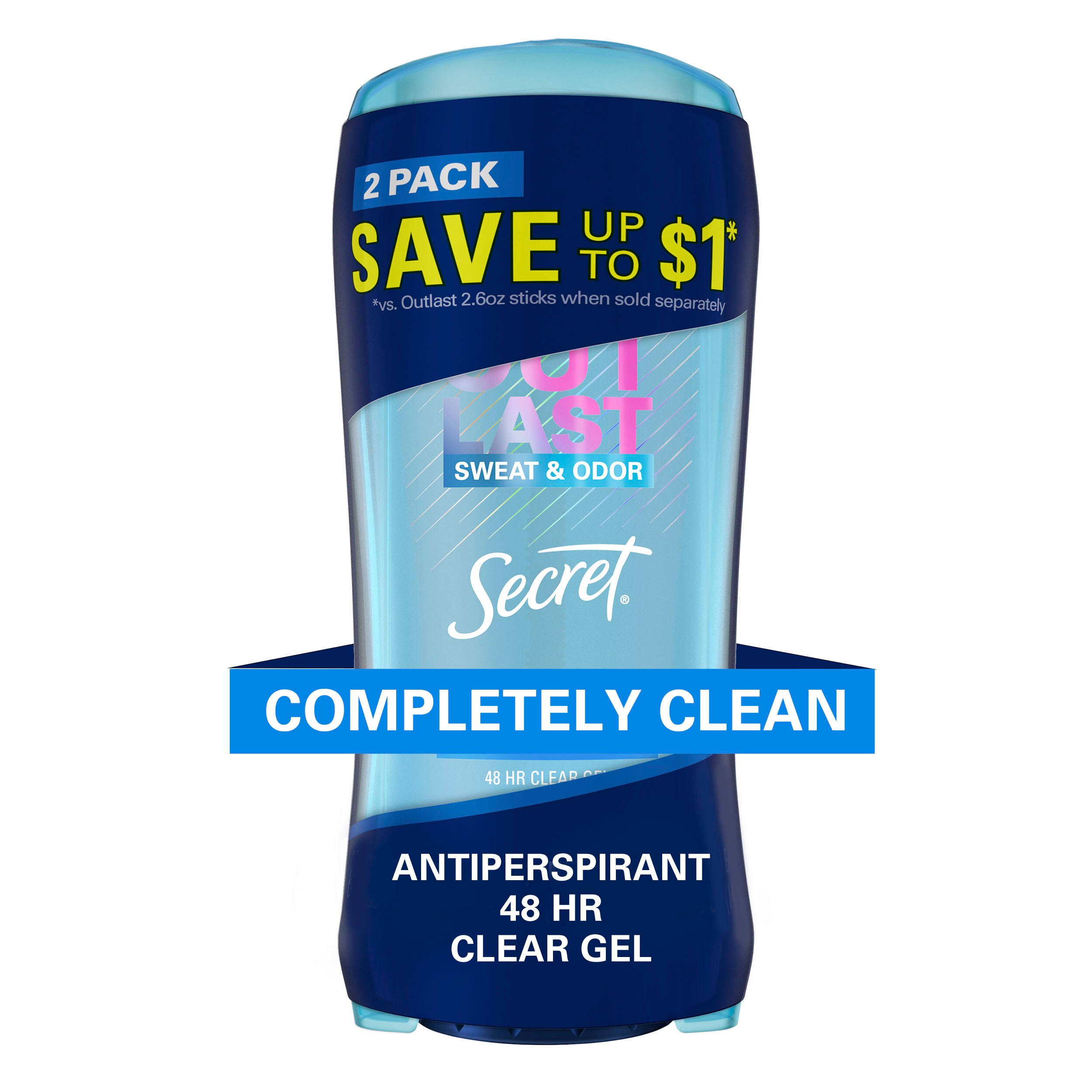 Secret Outlast Clear Gel - Desodorante y antitranspirante para mujeres, Completely Clean, 2.6 oz (paquete de 2)