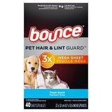 Bounce Pet Hair and Lint Guard Mega Dryer Sheets with 3X Pet Hair Fighters, Fresh Scent, 40 Count, thumbnail image 1 of 7