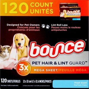 Bounce Pet Hair and Lint Guard Mega Dryer Sheets with 3X Pet Hair Fighters, Fresh Scent