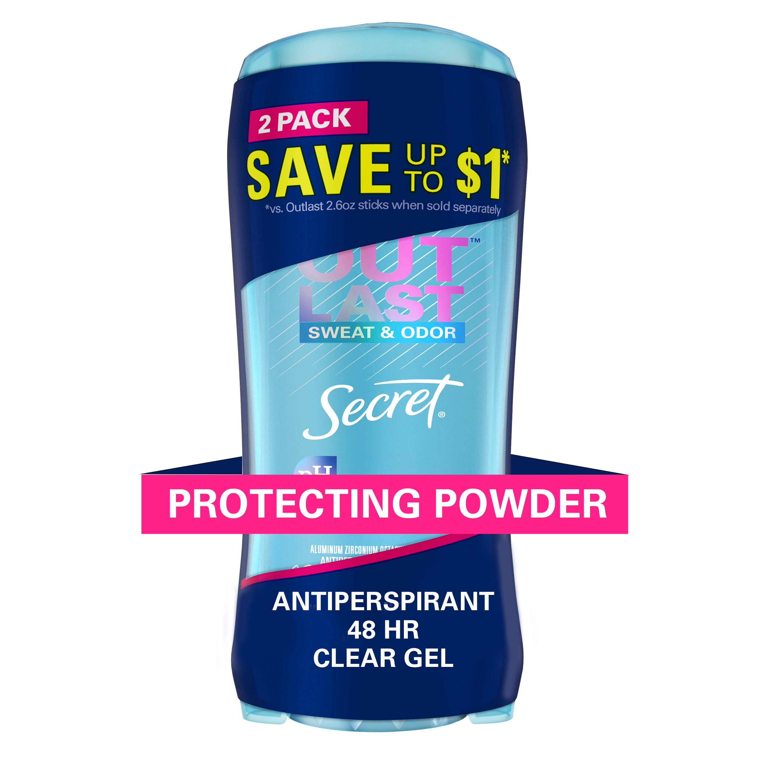 Secret Outlast 48-Hour Clear Gel Antiperspirant Stick, Protecting Powder, 2.6 OZ, 2 Pack , CVS
