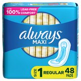 Always Maxi Pads Size 1, Unscented, Regular, 48 CT, thumbnail image 1 of 9