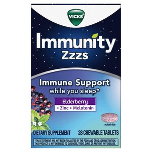 Vicks Immunity Zzzs Immune Support Chewable Tablets with Antioxidant Zinc, Melatonin & Elderberry, 28CT