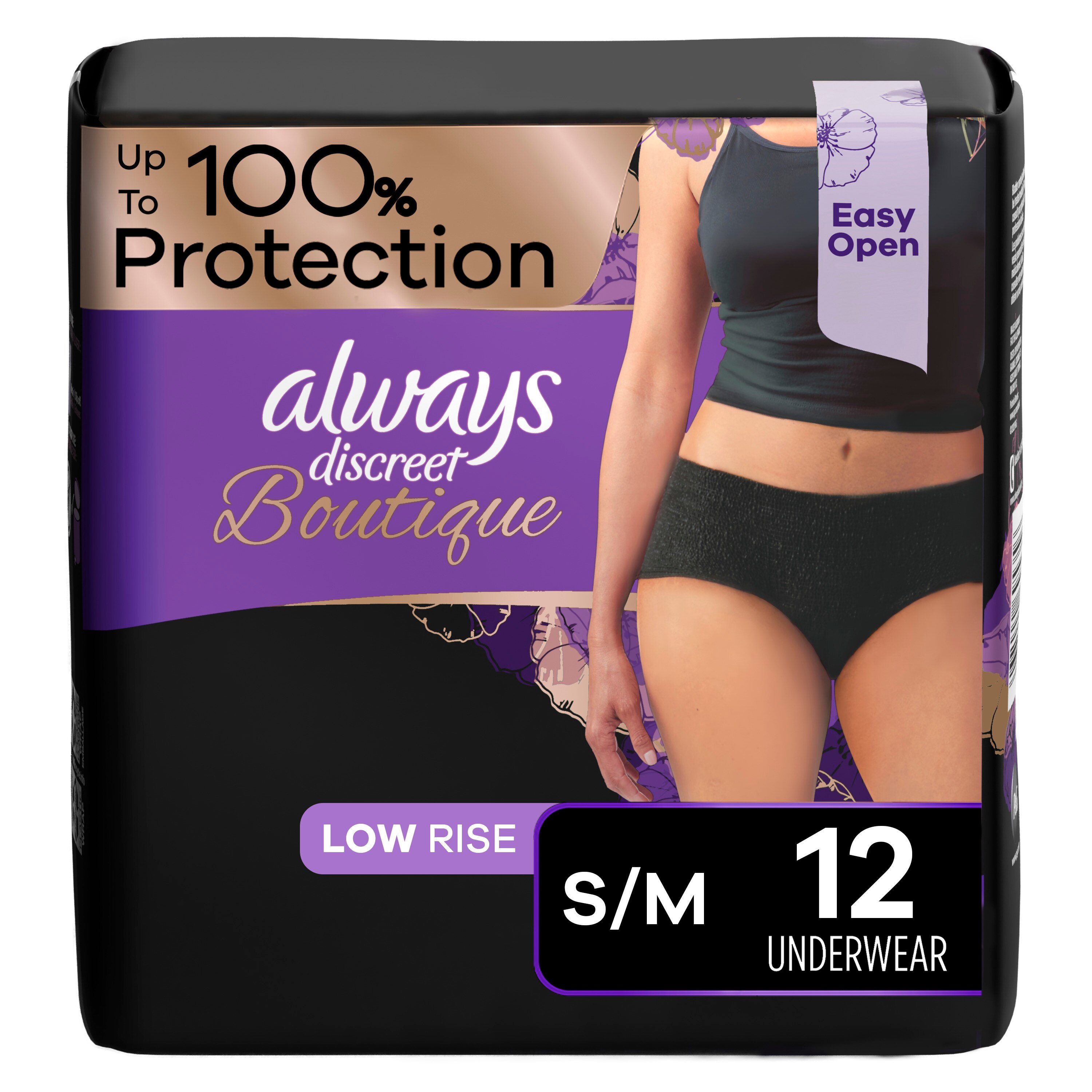 Always Discreet Boutique Low-Rise Incontinence Underwear, Maximum Absorbency, S/M, Black, 12 CT