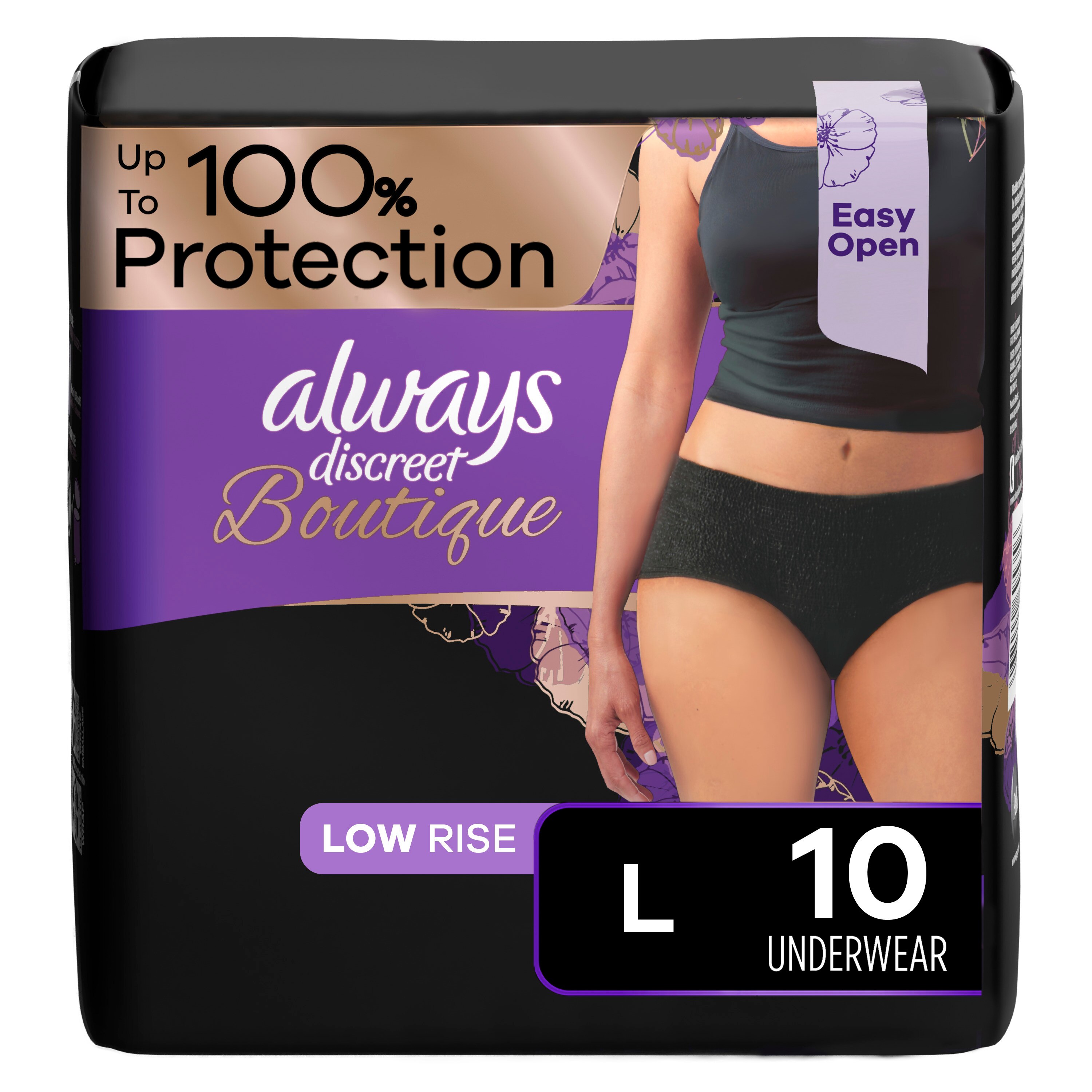 Always Discreet Boutique Low-Rise Incontinence Underwear, Maximum Absorbency, L, Black, 10 Count