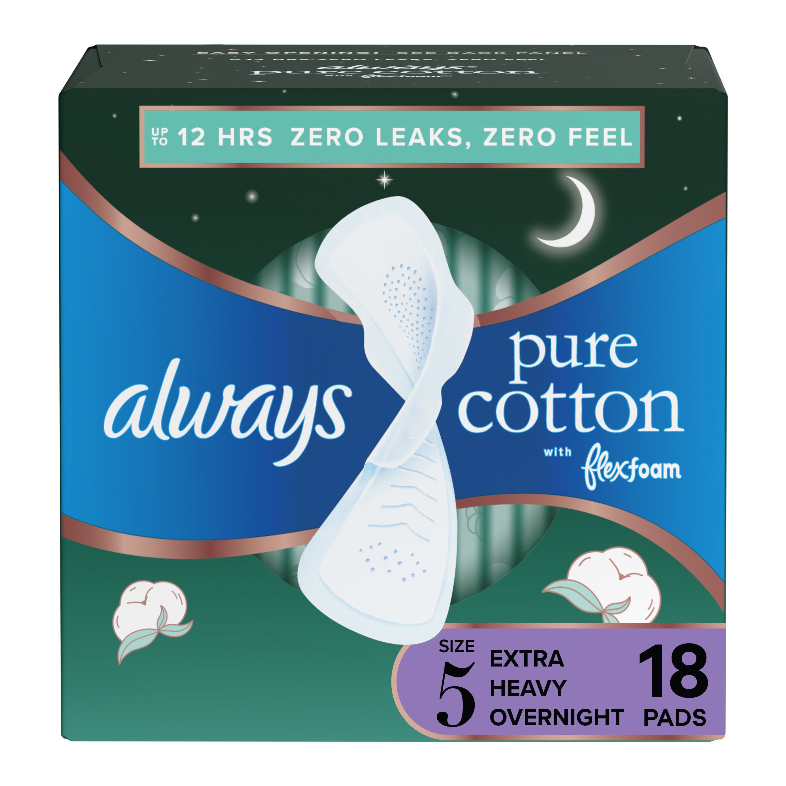 Always Pure Cotton with FlexFoam Pads for Women Size 5 Extra Heavy Overnight Absorbency, with Wings, 18 CT