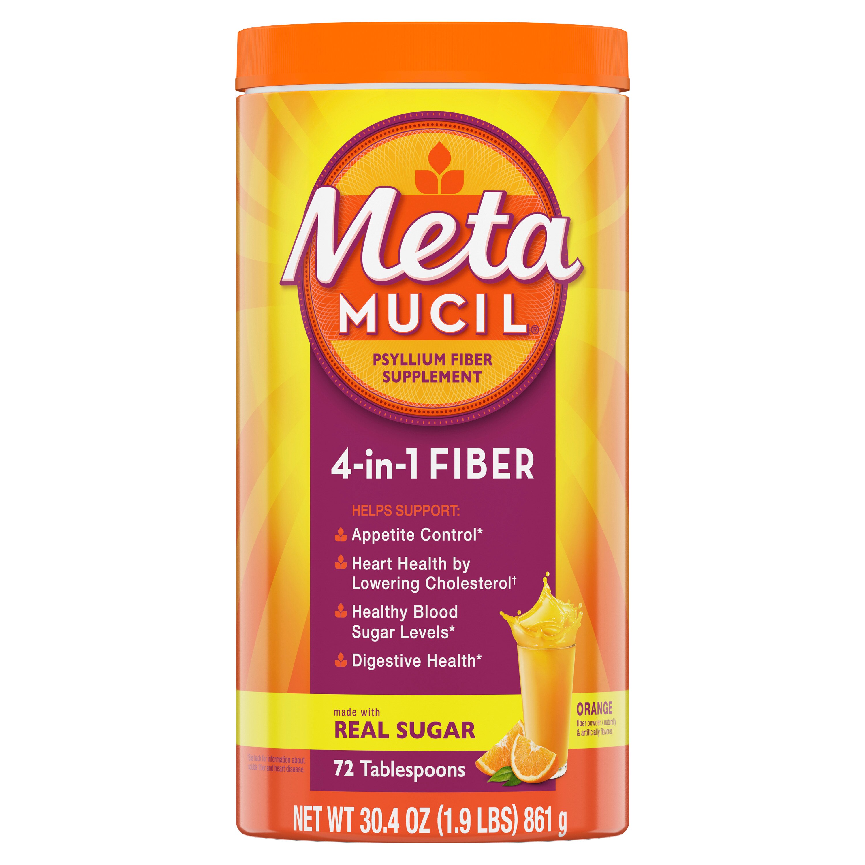 Metamucil 4-in-1 Psyllium Fiber Powder With Real Sugar, Orange, 72 Servings - 72DOSE , CVS