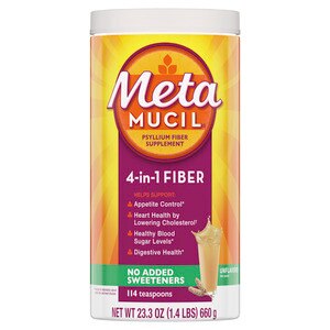 Metamucil Psyllium Fiber - Suplemento de fibra 4 en 1 en polvo, sin endulzantes agregados, polvo para preparar bebida sin sabor, 114 porciones