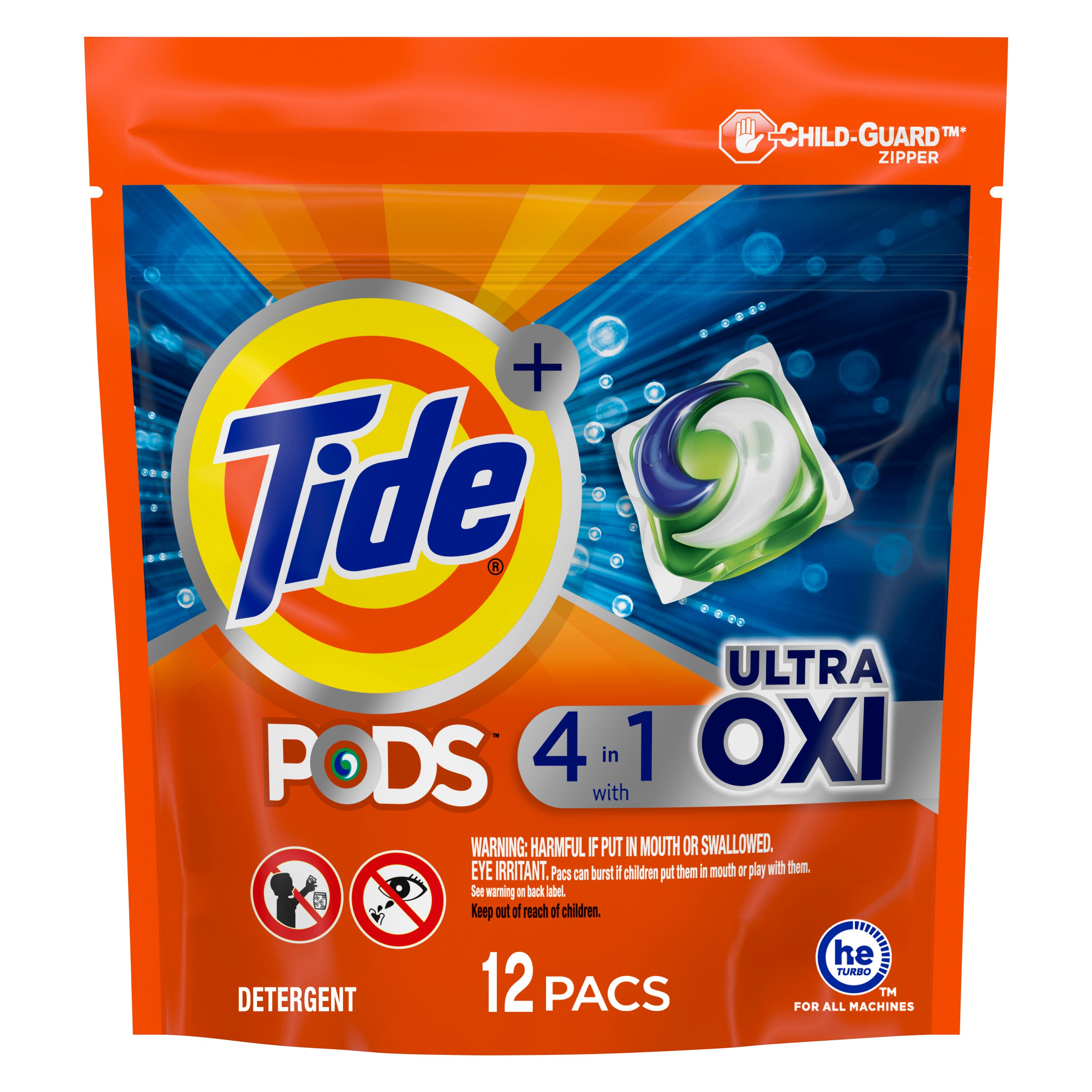 Tide PODS Liquid Laundry Detergent Soap Pacs, 4-n-1 Ultra Oxi, HE Compatible 12 Count, Built In Pre-treater For Stains - 12 Ct , CVS